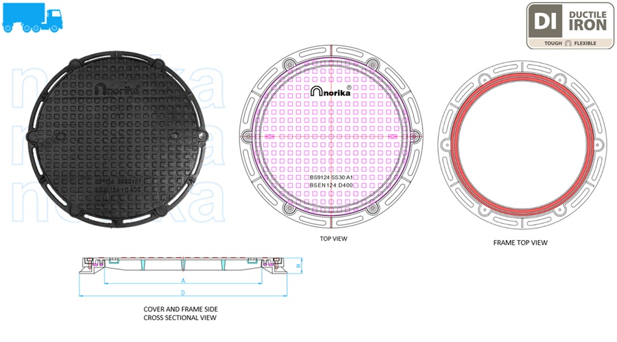 Airtight  & Watertight Ductile Iron Heavy Duty  Manhole Cover & Frame D400