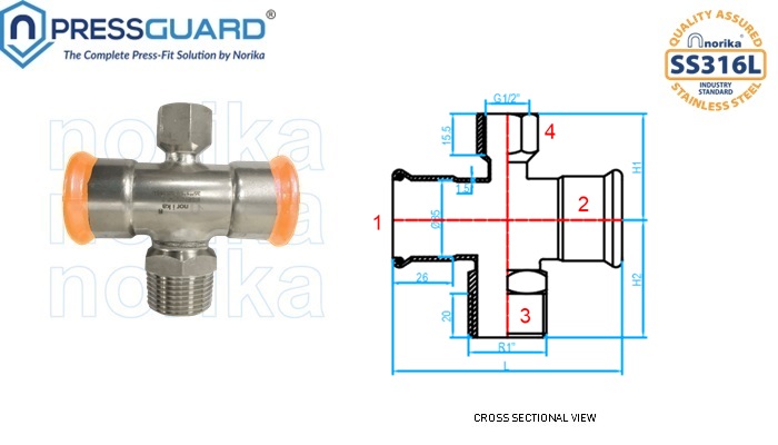 Stainless Steel 316L Press Fit Reducing Cross Tee (MxF)
